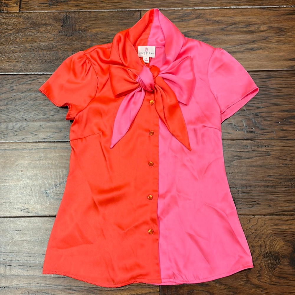 Julie Brown size 0 pink & orange button down blouse with bow, like new!